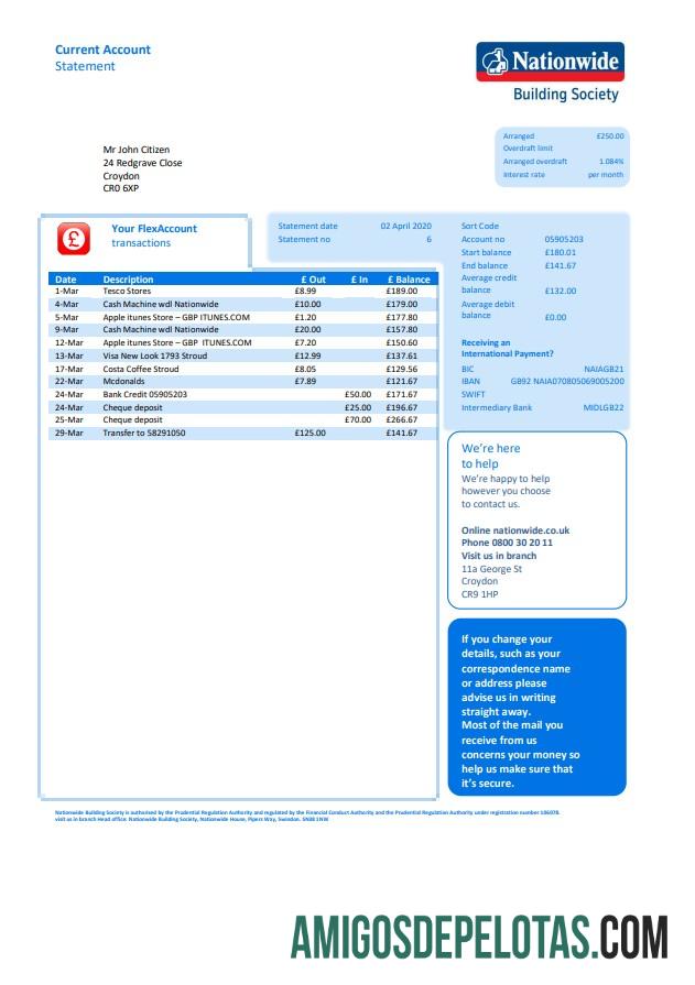 Modelo realista de extrato bancário nacional do Reino Unido em formato de arquivo Word e PDF